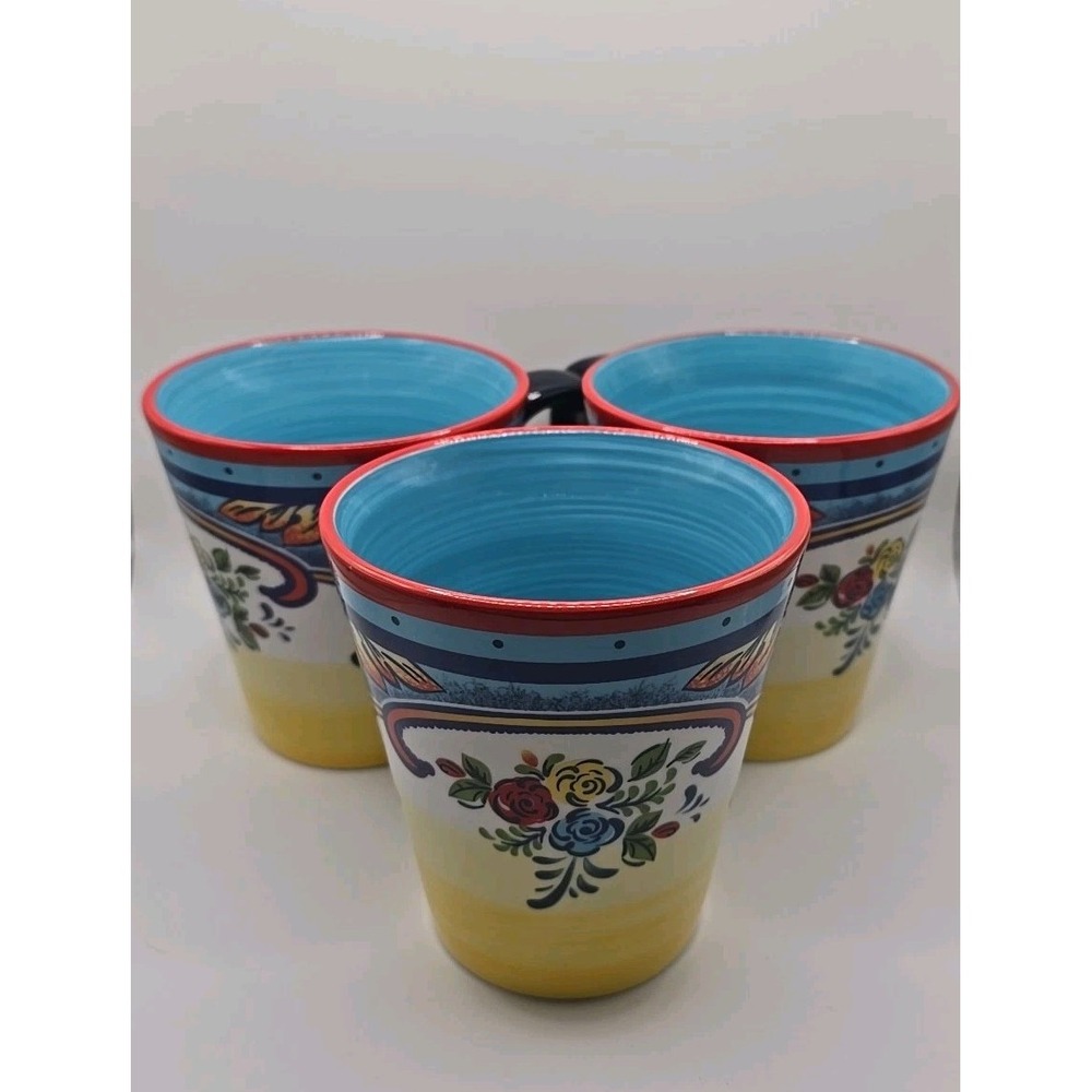 NWOT Euro Ceramica‎ Zanzibar Floral Mugs 4 in Deruta Style Set of 3